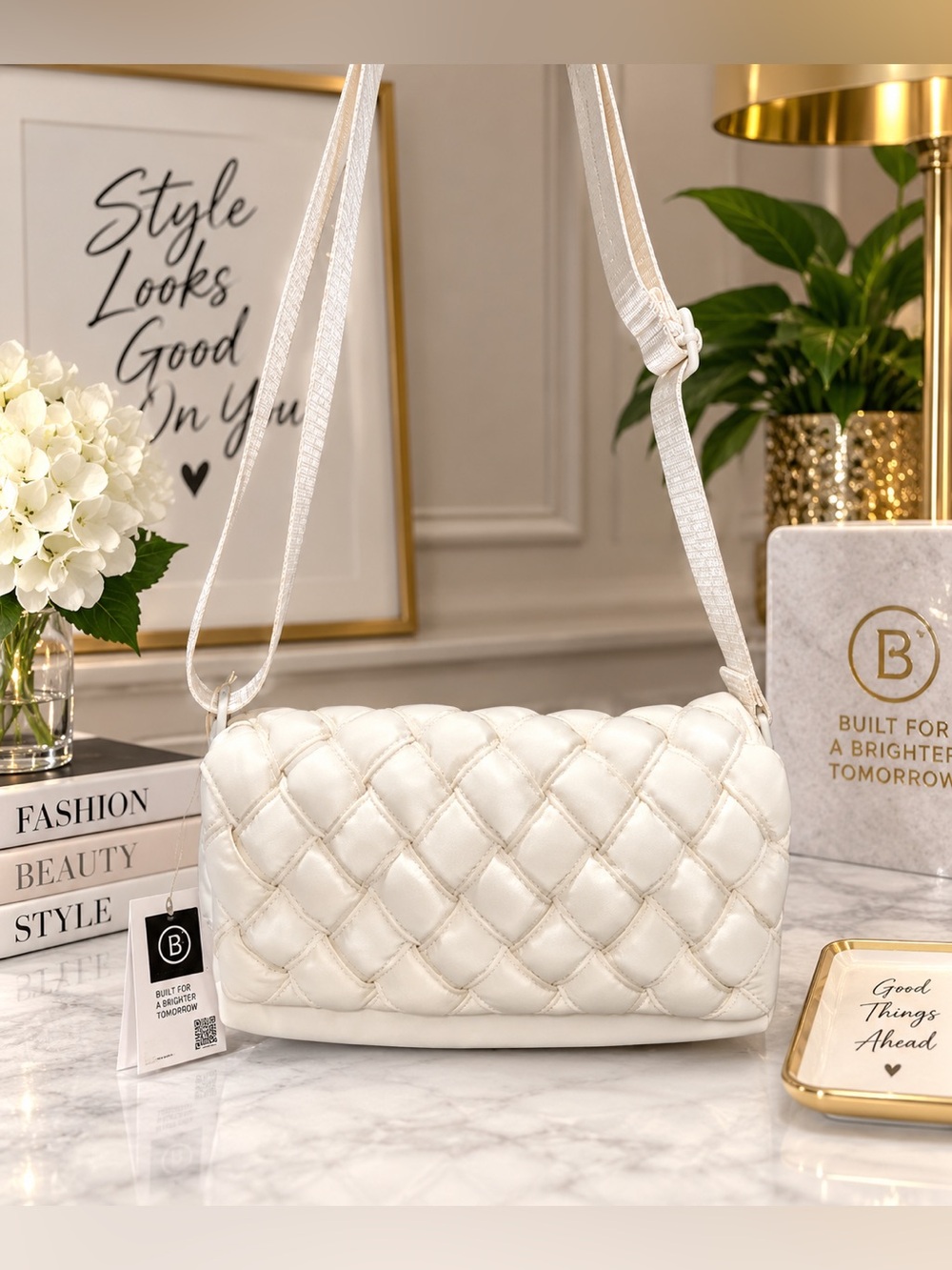 👜 NWT Live In Style (Aldi) Quilted Woven Puffer Crossbody Bag – Ivory/Cream